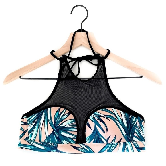 Victoria's Secret PINK Palm Tree Print Bikini Swimsuit Top Small Strappy Mesh - Picture 1 of 5